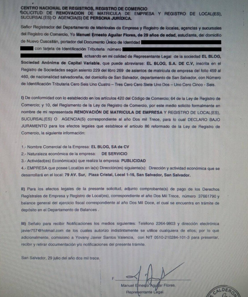 Documento consultado en el CNR sobre la constitución de El Blog.
