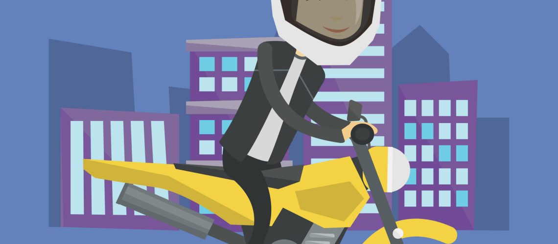 Young asian man in helmet riding a motorcycle on the background of night city. Man driving a motorcycle on city road. Man riding a motorcycle at night. Vector flat design illustration. Square layout.