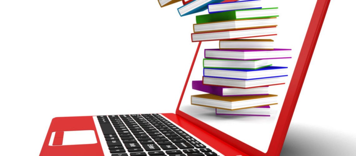 Stack Of Books Flying From Computer Showing Online Learning